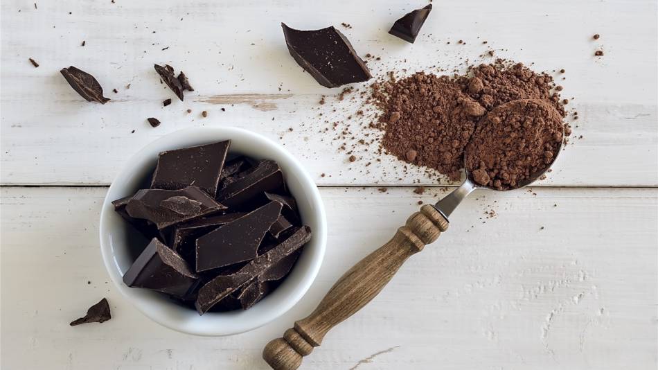 How Much Cocoa or Chocolate is Good For You -- cocoa powder in bowl, dark chocolate bar and stethoscope