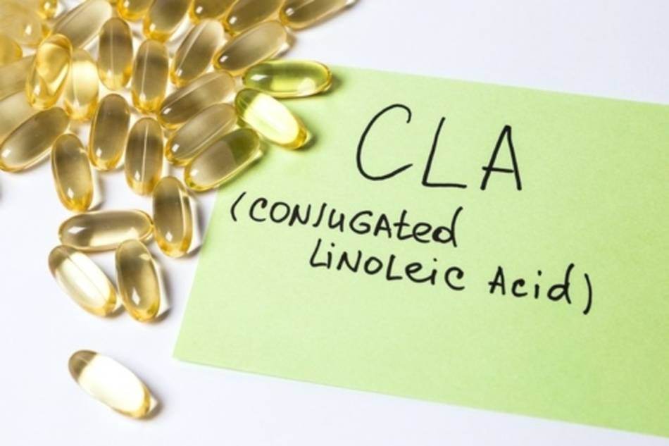 Sign Saying CLA with Omega 6 Pills on White Background