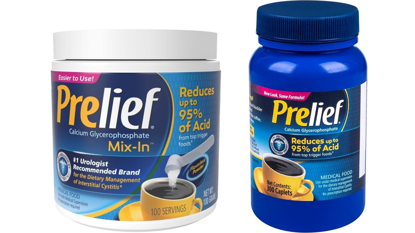 Bottle of Prelief Caplets and Container of Prelief Powder
