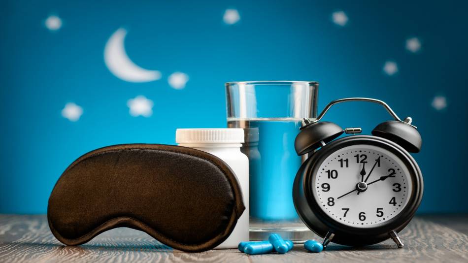 Effects of melatonin supplements on the body's own production of melatonin -- melatonin capsules, glass of water, eye mask