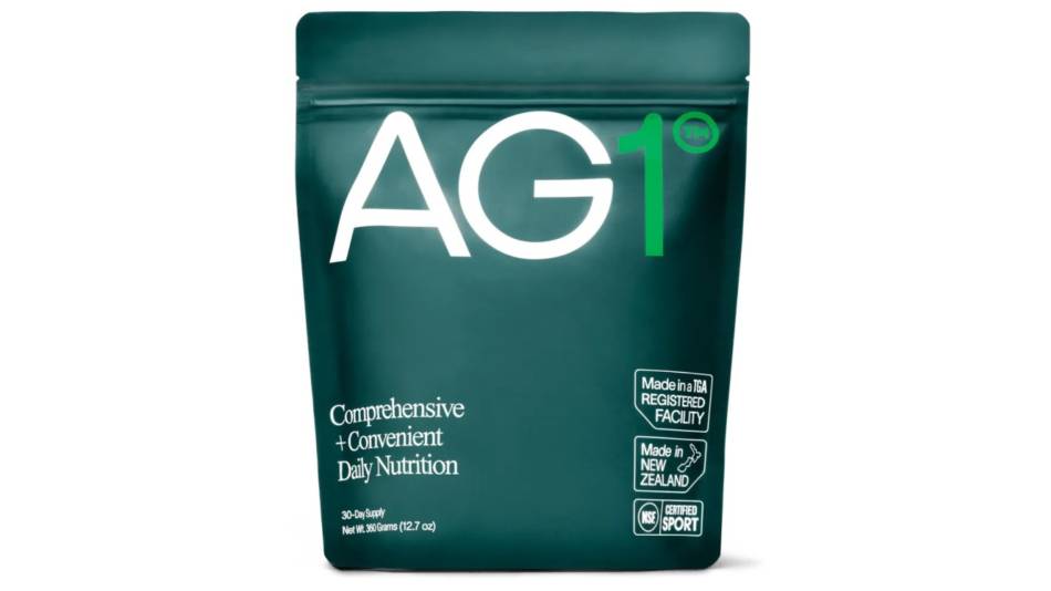 A pouch of AG1 on white background