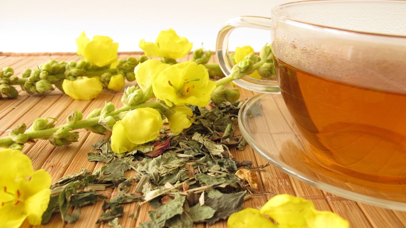 a cup of mullein tea on a table next to mullein flowers and leaves