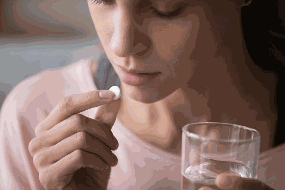 Woman Taking Pill with Glass of Water