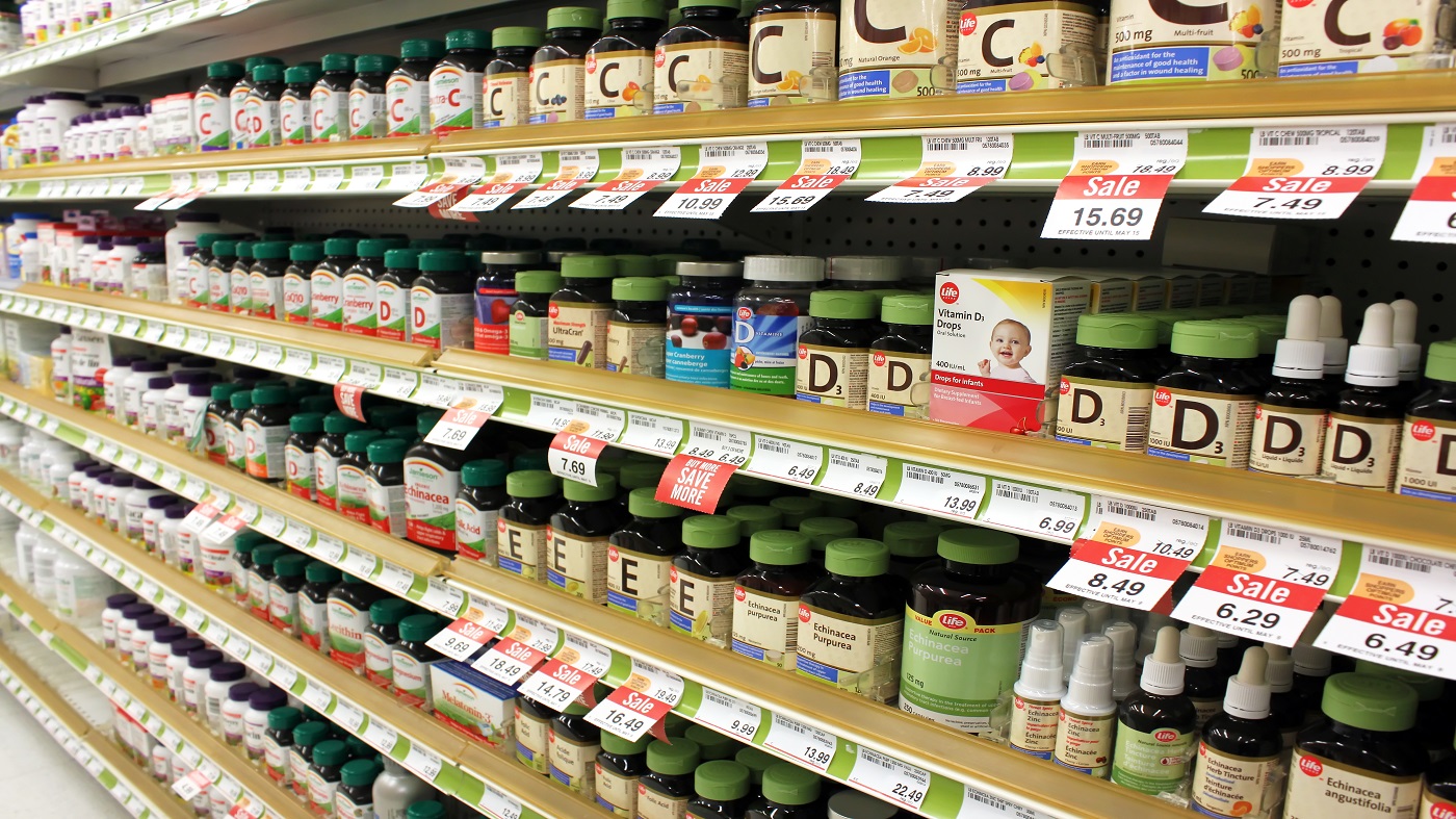 Cost and Quality of Dietary Supplements -- supplement bottles on store shelves